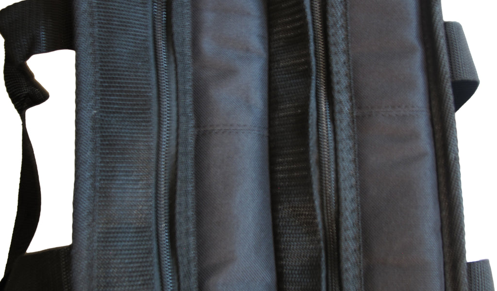 close-up shows 2 zippered compartments